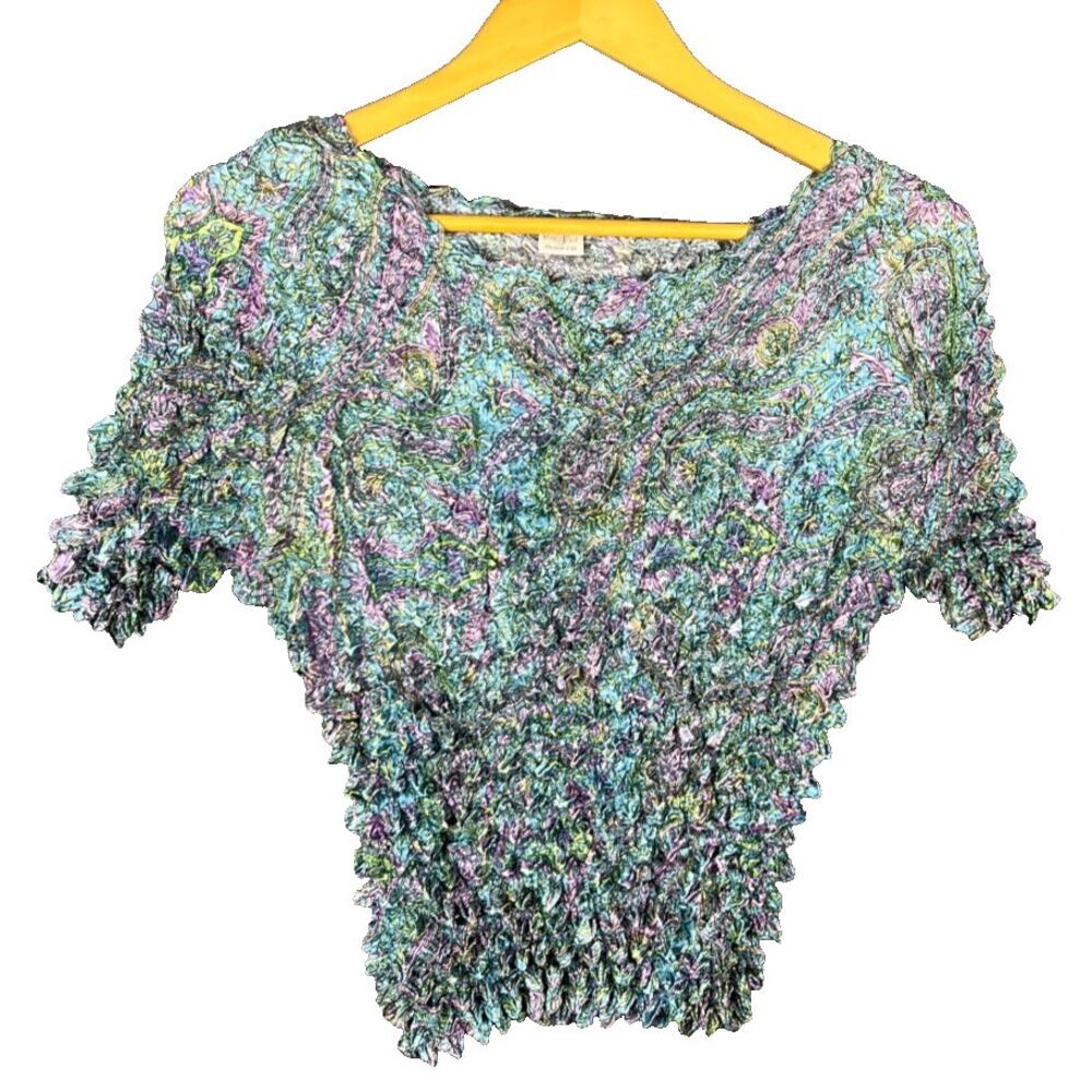 Fresh Popcorn Magic Scarf Shirt Blouse Fits Sizes 2-22 Paisley Blue Purple Top